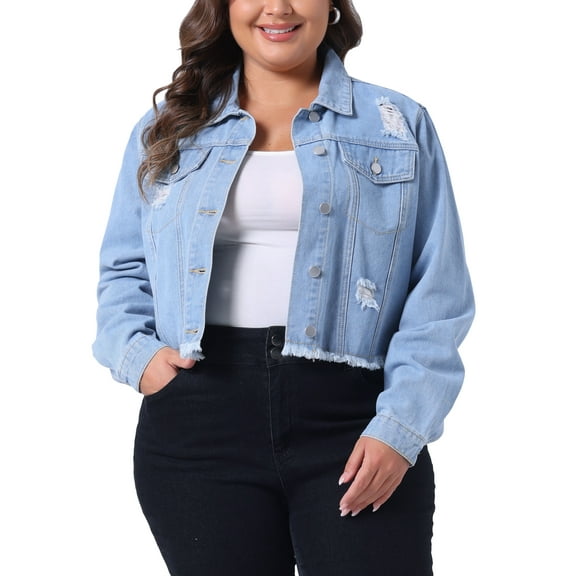 Agnes Orinda Women's Plus Size Denim Jackets Washed Button Front Long Sleeve Ripped Frayed Crop Denim Jacket 3X Blue