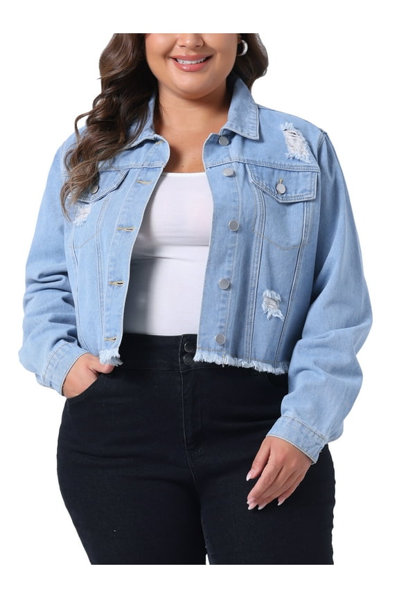 Women's Plus Size Denim Jackets Washed Button Front Long Sleeve Ripped Frayed Crop Denim Jacket 3X Blue