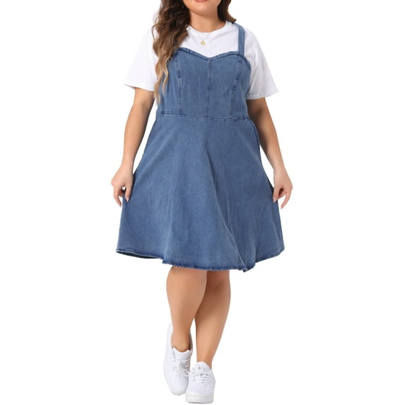 Agnes Orinda Women's Plus Size Denim Overall Dress Adjustable Straps A-Line Jean Dresses with Pockets 1X Blue