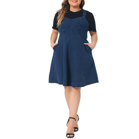 Agnes Orinda Women's Plus Size Mother's Day Denim Overall Dress Adjustable Straps A-Line Jean Dresses with Pockets 1X Dark Blue