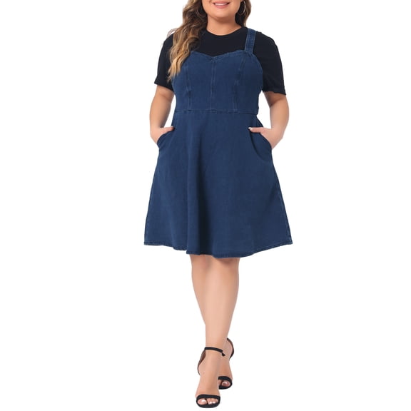 Agnes Orinda Women's Plus Size Denim Overall Dress Adjustable Straps A-Line Jean Dresses with Pockets 1X Dark Blue
