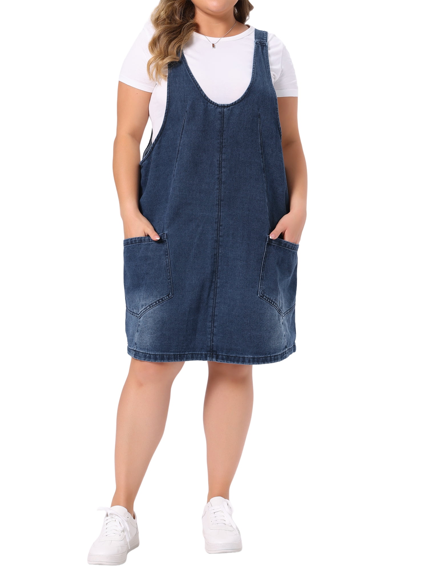 plus sized denim dress Agnes Orinda Women's Size School College Overall V Neck Sleeveless Casual Jean Jumper Dress with Pockets 1X Sky Blue color: asphalt black fashion button down style Retrofete Mischa Sequin Dress Off shoulder Color:EMERALD