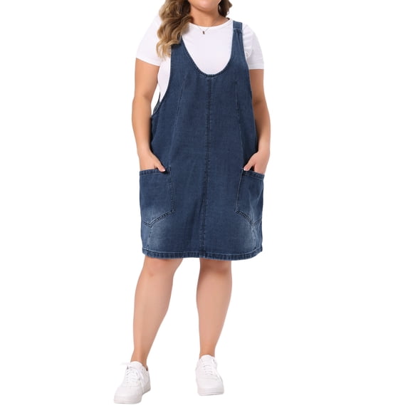 Agnes Orinda Women's Plus Size Denim Overall Dress V Neck Sleeveless Casual Jean Jumper Dress with Pockets 3X Black Blue