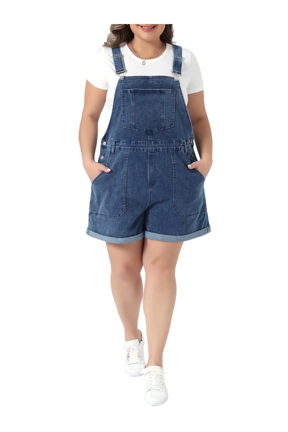 Plus Size Denim Overall Shorts for Women Adjustable Straps Roll Hem 5 Pocket Jean Jumpsuit Bib Shortalls 3X Gray Blue