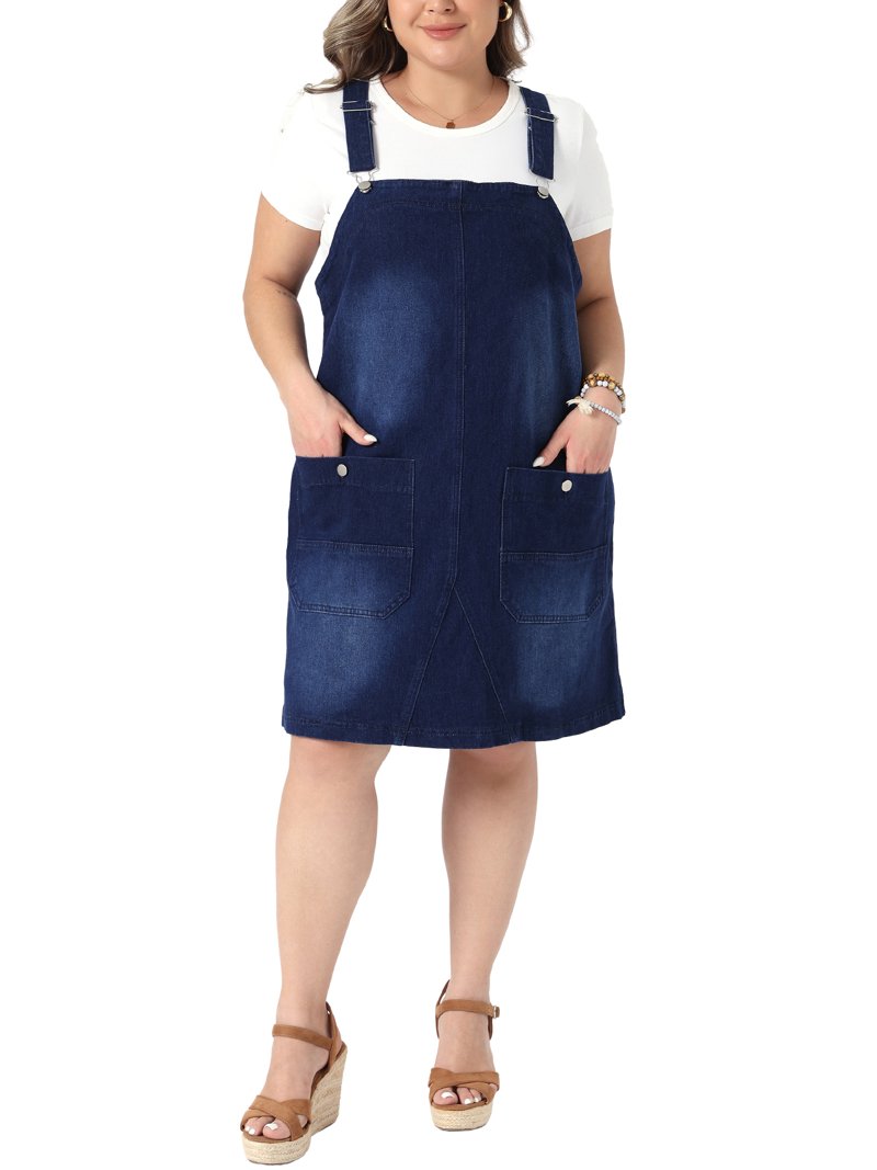 plus size denim dress overalls Women's Plus Size Denim Overalls Dress Romper Sleeveless Adjustable Straps Jumper Jean Midi Dresses