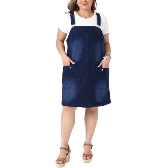 Agnes Orinda Women's Plus Size Denim Overalls Dress Adjustable Strap Bib Suspender Summer Casual Midi Jeans Dresses with Pockets 2X Dark Blue