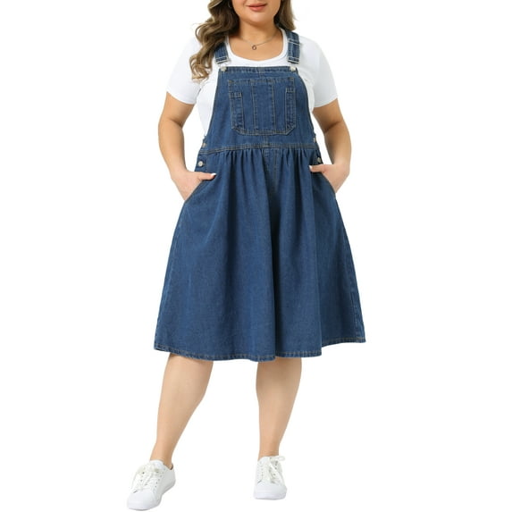 Agnes Orinda Women's Plus Size Denim Overalls Dress Sleeveless Adjustable Straps Waist Buttons Romper Casual Jumper Jean Midi Dresses 2026 with Pockets 2X Blue
