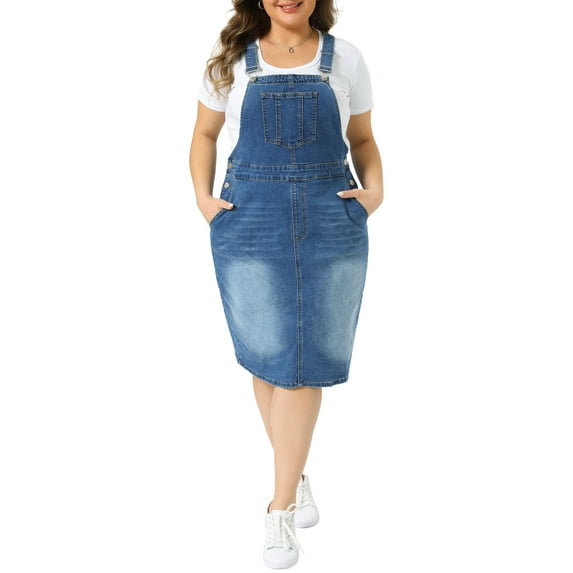 Agnes Orinda Women's Plus Size Denim Overalls Dress Vintage Adjustable Strap Pinafore Back Slit Casual Midi Bib Jean Dress with Pockets 1X Blue