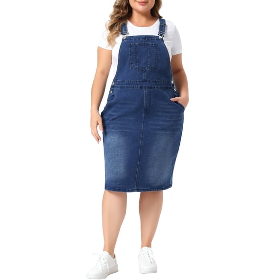 Agnes Orinda Women's Plus Size School College Denim Overalls Dress Vintage Adjustable Strap Pinafore Back Slit Casual Midi Bib Jean Dress with Pockets 1X Dark Blue