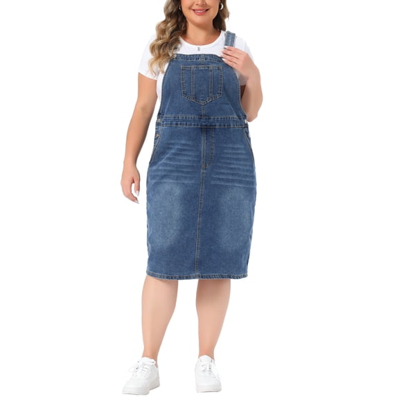 Agnes Orinda Women's Plus Size Denim Overalls Dress Vintage Adjustable Strap Pinafore Back Slit Casual Midi Bib Jean Dress with Pockets 4X Gray Blue