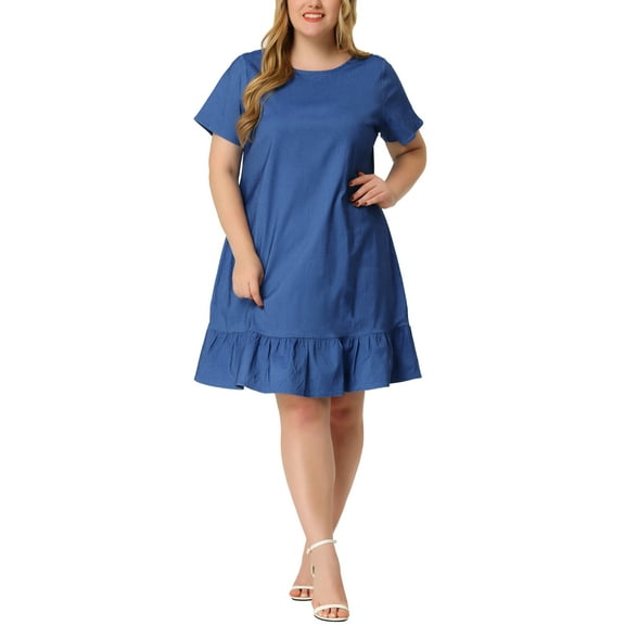 Agnes Orinda Women's Plus Size Denim Ruffle Summer Casual Short Sleeve Dress 4X Navy Blue