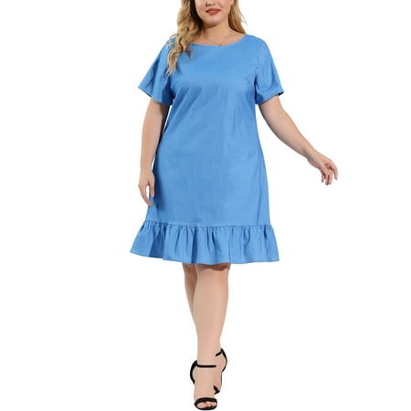 Agnes Orinda Women's Plus Size Denim Dress Ruffle Summer Casual Short Sleeve Dresses L Sky Blue
