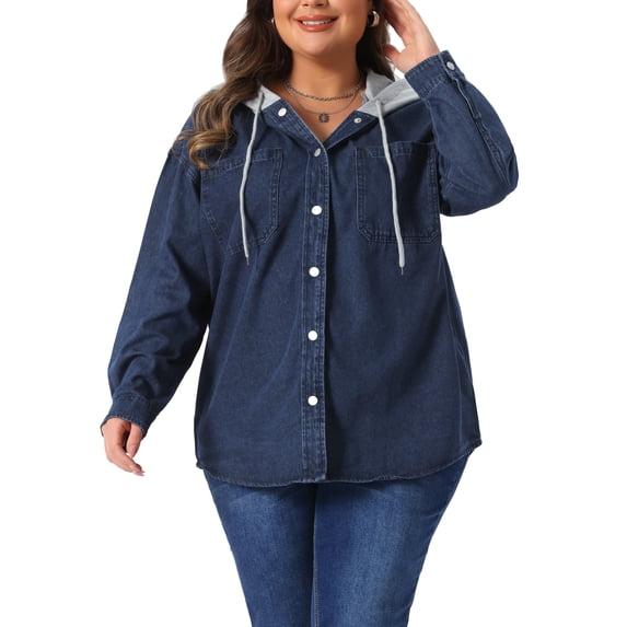 Agnes Orinda Women's Plus Size Denim Shacket Jacket Color Block Hooded Button Down Long Sleeve Jeans Shirt Jackets with Pockets 1X Dark Blue