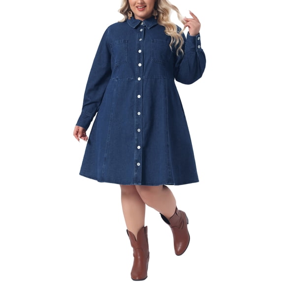 Agnes Orinda Women's Plus Size Denim Shirt Dress Long Sleeve Lapel Button Down Casual A-Line Midi Jean Dresses with Pockets 1X Dark Blue