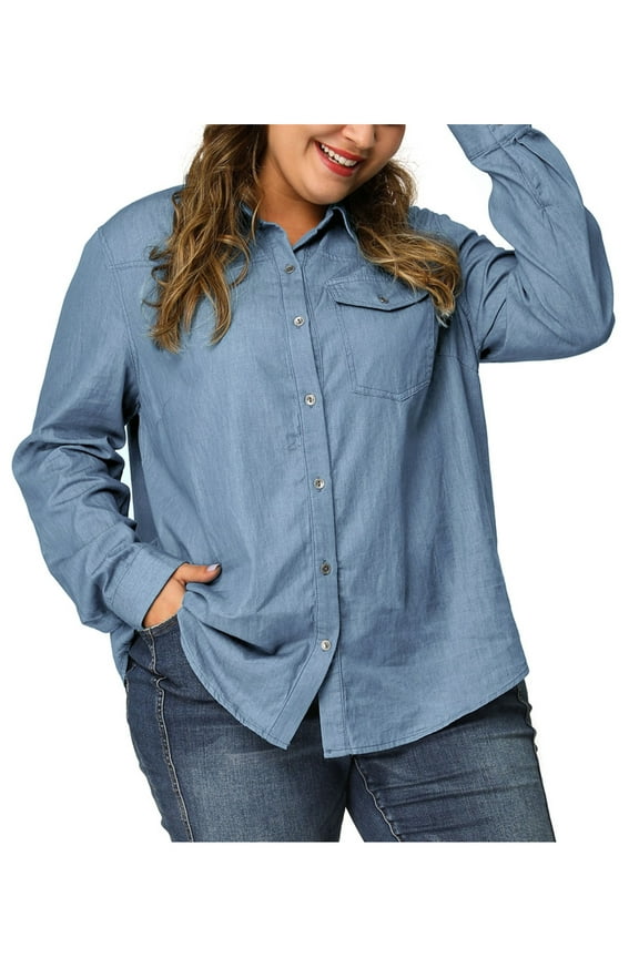 Women's Plus Size Denim Shirt Long Sleeves Button Down Chambray Shirts with Pocket 1X Light Blue