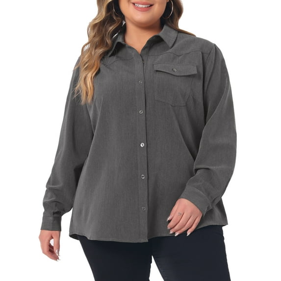 Agnes Orinda Women's Plus Size Denim Shirt Long Sleeves Button Down Chambray Shirts 2X Dark Gray