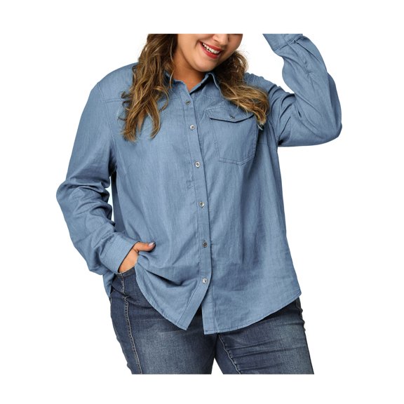 Agnes Orinda Women's Plus Size Denim Shirt Long Sleeves Button Down Chambray Shirts with Pocket 2X Light Blue