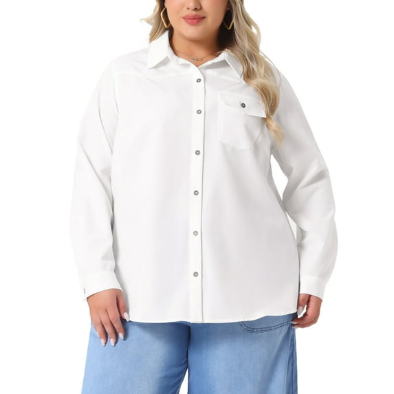 Agnes Orinda Women's Plus Size Denim Shirt Long Sleeves Button Down Chambray Shirts with Pocket 3X White