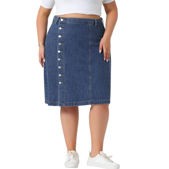 Agnes Orinda Women's Plus Size Denim Skirt High Waist Button Front Solid Casual A Line Midi Jean Skirts 1X Blue