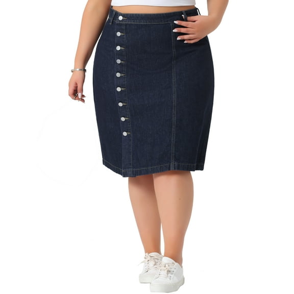 Agnes Orinda Women's Plus Size Denim Skirt High Waist Button Front Solid Casual A Line Midi Jean Skirts 2X Dark Blue