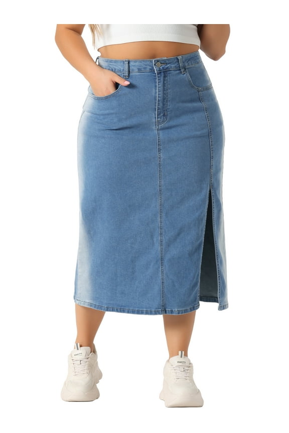 Women's Plus Size Denim Skirt High Waist Side Slit Button with Pocket Jean Denim Skirts 3X Light Blue