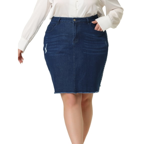 Agnes Orinda Women's Plus Size Denim Skirt Ripped Embroidered A-Line Jean Skirts with Pocket Dark Blue 1X