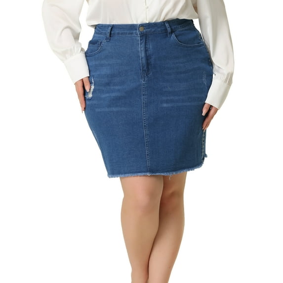 Agnes Orinda Women's Plus Size Denim Skirt Ripped Embroidered A-Line Jean Skirts with Pocket Medium Blue 2X