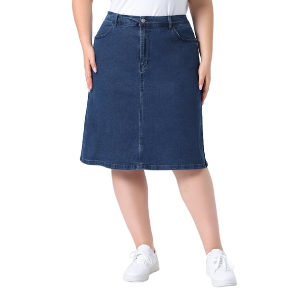 Agnes Orinda Women's Plus Size Denim Skirt Slash Pocket Elastic Waist Back Flared Vent Jeans Skirts 2X Blue