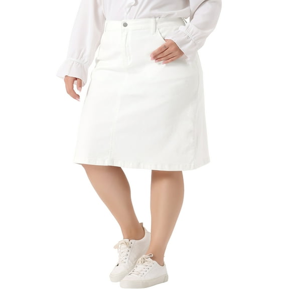 Agnes Orinda Women's Plus Size Denim Skirt Slash Pocket Elastic Waist Back Flared Vent Jeans Skirts 1X White