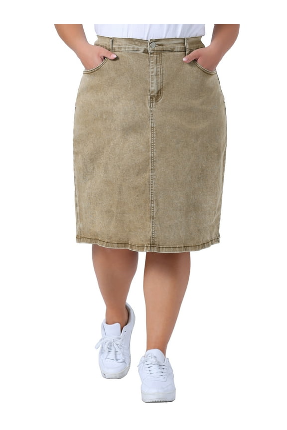 Women's Plus Size Denim Skirt Slash Pocket Elastic Waist Back Flared Vent Jeans Skirts 2X Khaki