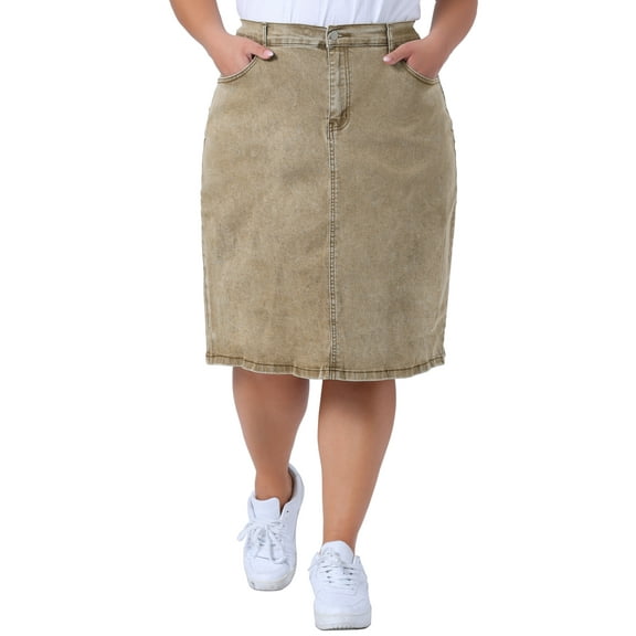 Agnes Orinda Women's Plus Size Denim Skirt Slash Pocket Elastic Waist Back Flared Vent Jeans Skirts 3X Khaki