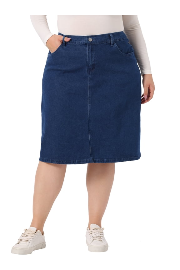 Women's Plus Size Denim Skirt Slash Pocket Elastic Waist Back Flared Vent Jeans Skirts 4X Dark Blue