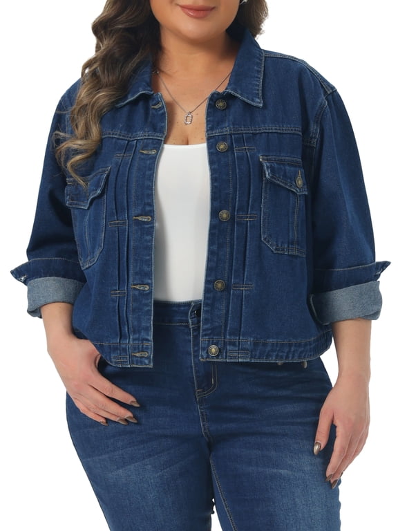 Women's Plus Size Denim Trucker Jacket Turn Down Collar Long Sleeve Button Down Casual Jean Jackets with Pockets 1X Dark Blue