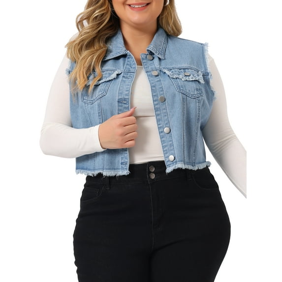 Agnes Orinda Women's Plus Size Denim Vest Button Down Sleeveless Crop Jean Vests