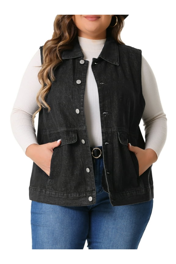 Women's Plus Size Denim Vest Oversized Button Down Sleeveless Jean Jacket 1X Black