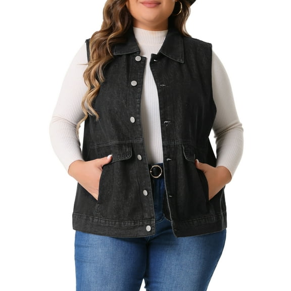 Agnes Orinda Women's Plus Size Denim Vest Oversized Button Down Sleeveless Jean Jacket 3X Black