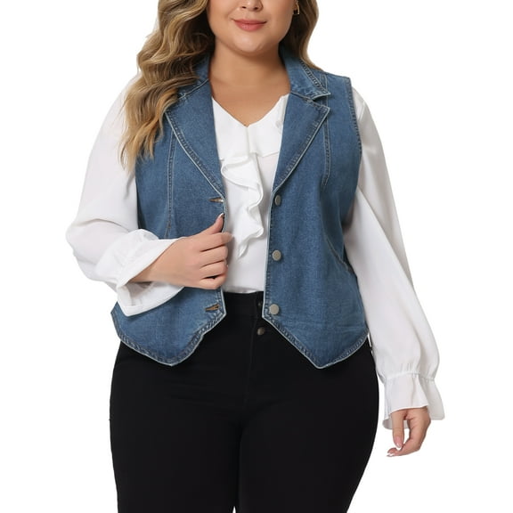 Agnes Orinda Plus Size Denim Vest for Women Lapel Sleeveless Casual Waistcoat Jean Vest Jacket 1X Blue