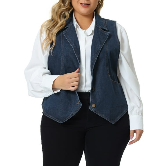 Agnes Orinda Plus Size Denim Vest for Women Lapel Sleeveless Casual Waistcoat Jean Vest Jacket 1X Dark Blue