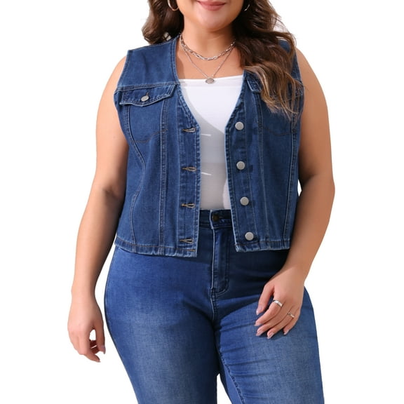 Agnes Orinda Women's Plus Size Cropped Denim Vest Button Down V Neck Sleeveless Casual Jean Waistcoat Jackets 1X Blue