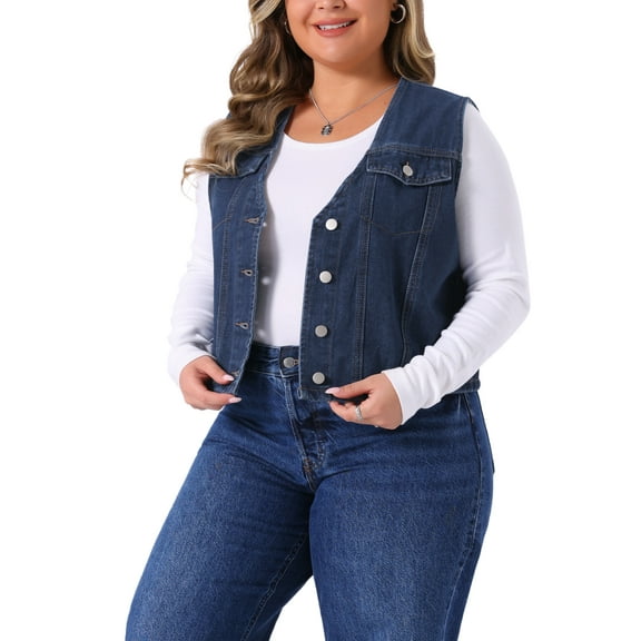 Agnes Orinda Women's Plus Size Cropped Denim Vest Button Down V Neck Sleeveless Casual Jean Waistcoat Jackets 1X Dark Blue