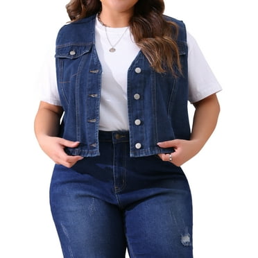 Agnes Orinda Women's Plus Size Cropped Denim Vest Button Down V Neck Sleeveless Casual Jean Waistcoat Jackets 1X Dark Blue