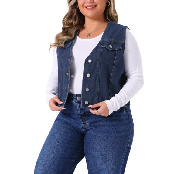 Agnes Orinda Women's Plus Size Cropped Denim Vest Button Down V Neck Sleeveless Casual Jean Waistcoat Jackets 4X Dark Blue