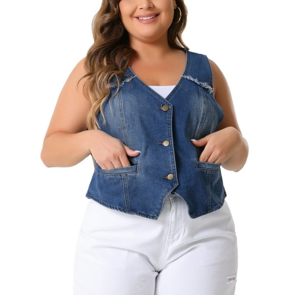Agnes Orinda Women's Plus Size Denim Vest Sleeveless V Neck Washed Distressed Waistcoat Vests