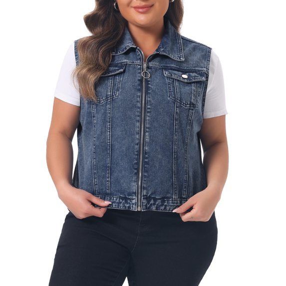 Agnes Orinda Women's Plus Size Denim Vest Sleeveless Zip Up Button Down Jeans Jacket Vest 4X Snow Washed Blue