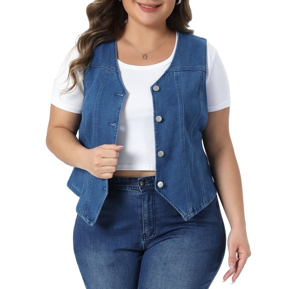 Agnes Orinda Women's Plus Size Denim Vest Top Button Down Casual Sleeveless Jean Jacket Suit Waistcoat Vests 4X Blue