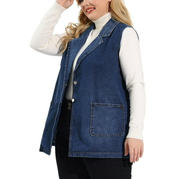 Agnes Orinda Women's Plus Size Denim Vests Sleeveless Lapel Jean Jackets with Pockets 3X Dark Blue
