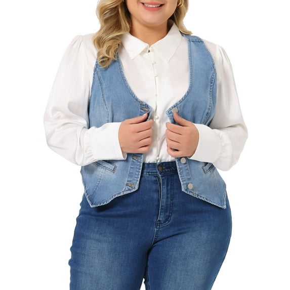 Agnes Orinda Women's Plus Size Denim Vests Tops Button Down Jean Waistcoat Casual Sleeveless Jacket 5X Light Blue