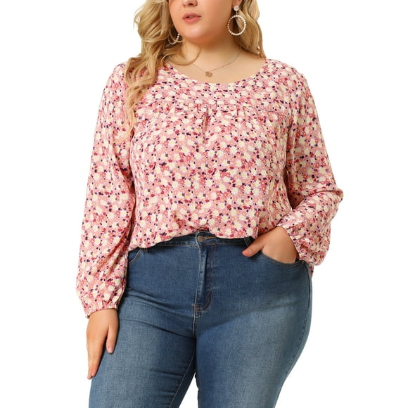 Agnes Orinda Women's Plus Size Tops Floral Ditsy Crew Neck Loog Sleeve Elastic Cuff Peasant Casual Blouses 1X Pink