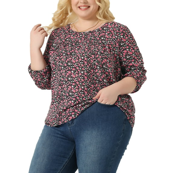 Agnes Orinda Women's Plus Size Tops Floral Ditsy Crew Neck Loog Sleeve Elastic Cuff Peasant Casual Blouses 4X Black