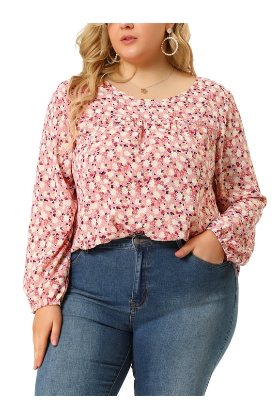 Women's Plus Size Tops Floral Ditsy Crew Neck Loog Sleeve Elastic Cuff Peasant Casual Blouses 4X Pink